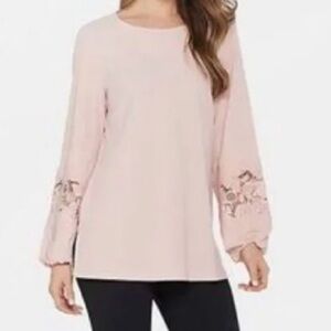 Dennis Basso size large caviar pink lace trim ballon sleeve tunic blouse